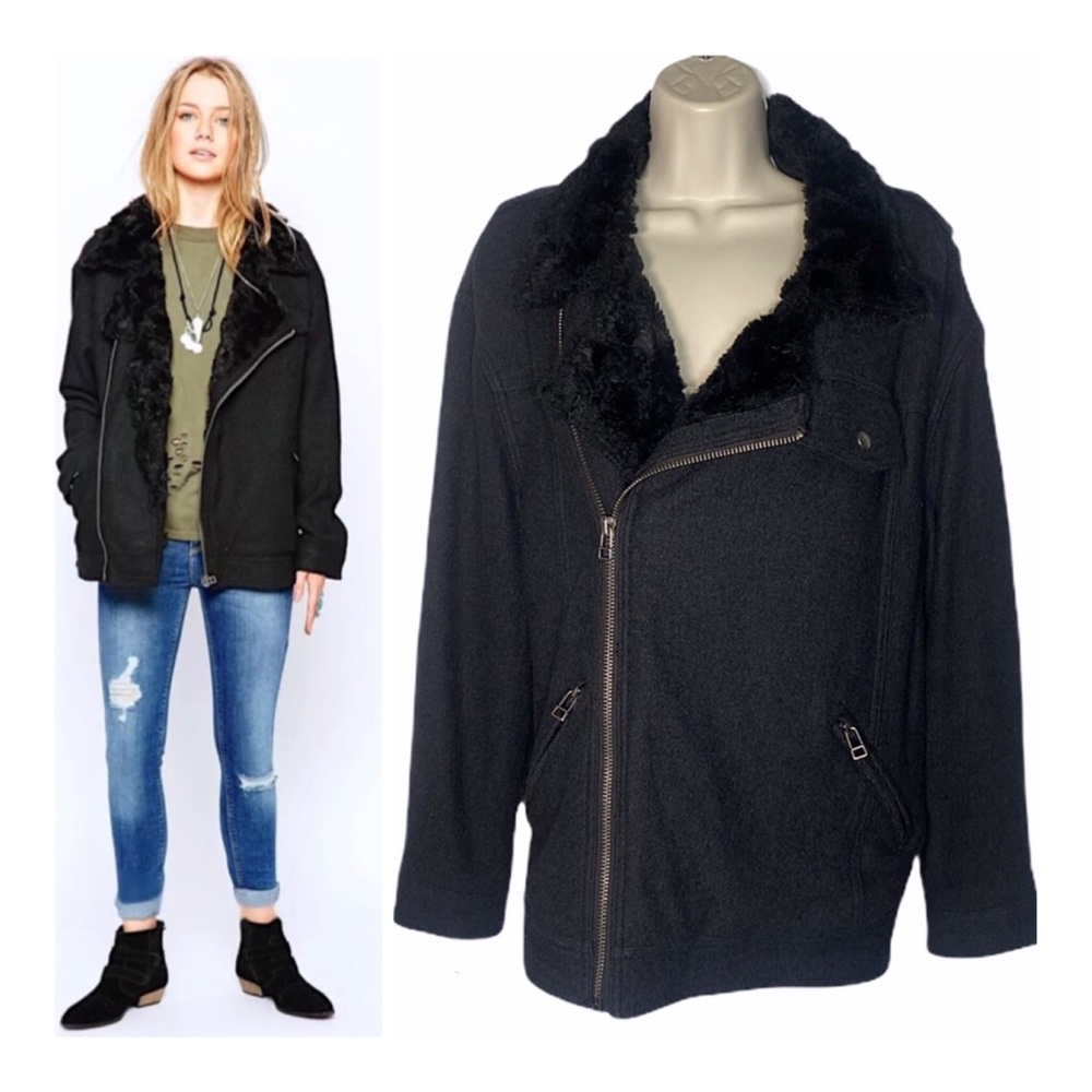 Free People Wool Blend Moto Jacket w/ Faux Fur
